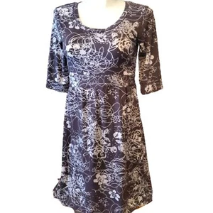 Prana Brown Floral Dress Jersey Scoop Neck 3/4 Sleeve Banded Waist Size Large - Picture 1 of 10