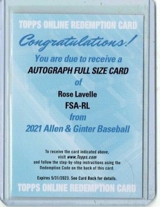 Rose Lavelle 2021 Topps Allen and Ginter Auto/Autograph Redemption Card