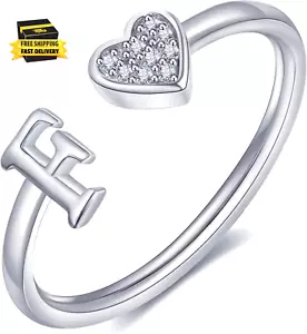 Heart Initial Ring for Women - Silver Rose Gold Plated Capital Letter Stackable - Picture 1 of 8