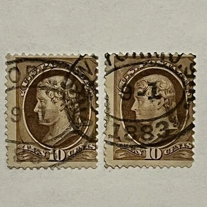 1870-1882 THOMAS JEFFERSON PAIR OF 10C STAMPS WITH 1883 OVAL NEW YORK SON CANCEL - Picture 1 of 2