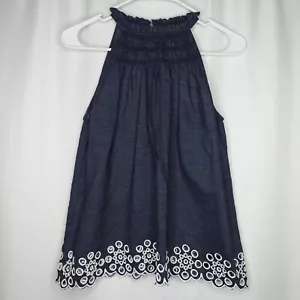 Ann Taylor Embroidered Floral Halter Top Womens Small Blue Chambray White Preppy - Picture 1 of 9