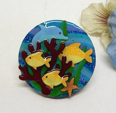 OCEAN THEMED MIXED MEDIA FISH PIN, OOAK COLLECTIBLE PIN BY ECHO & HARA - Image 1 of 3