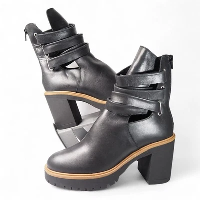 Free People Jesse Cutout Platform Chunky Heel Boots Women's 9/39.5 Black Leather - Image 1 of 4