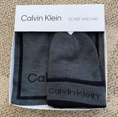 Men's Calvin Klein Winter Knit Scarf and Hat Set Gray/Black Reversible One Size - Image 1 of 3