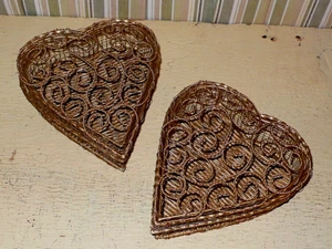 2 Heart Shaped hinged BASKET CONTAINERS Thick twisted WIRE SCROLL DESIGNS Woven - Picture 1 of 7
