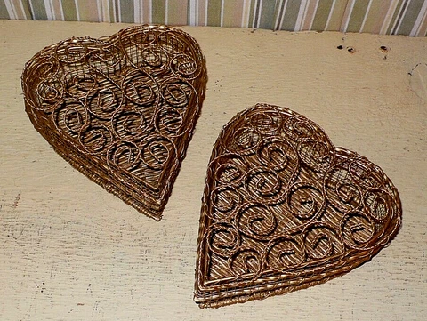 2 Heart Shaped hinged BASKET CONTAINERS Thick twisted WIRE SCROLL DESIGNS Woven Cover