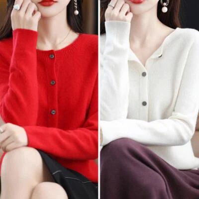 Cárdigan suéter 100 % lana merino cachemir botón delantero manga larga para mujer Foto 1 de 4