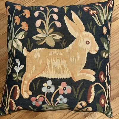 MEDIEVAL STYLE RUNNING RABBIT TAPESTRY PILLOW WITH BLUE VELVET BACK 18" X 18" - Image 1 of 4