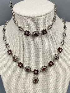 Vintage 925 Sterling Silver Garnet & Marcasite Bracelet & Necklace Amazing Set - Picture 1 of 15