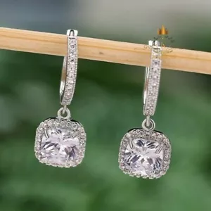 Moissanite Drop/Dangle Earrings Cushion Cut 2.50 CT 14K White Gold Gift For Her - Picture 1 of 9