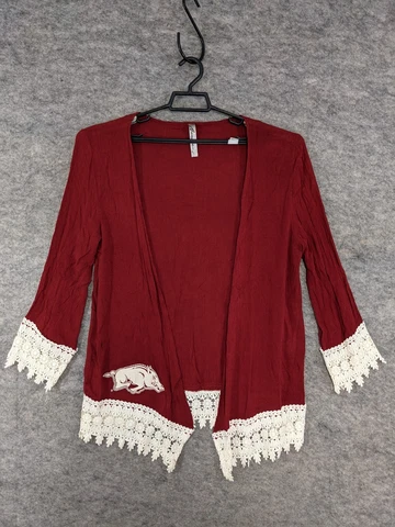 Arkansa Razorback Cardigan Jacket Womens Medium Red Ivory Lace Open Front Logo Cover