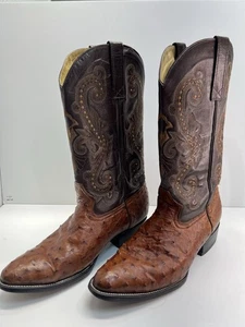 Brown Ostrich & Leather Embroidered  Circle G Cowboy Boots Mens Size 11.5 E - Picture 1 of 12