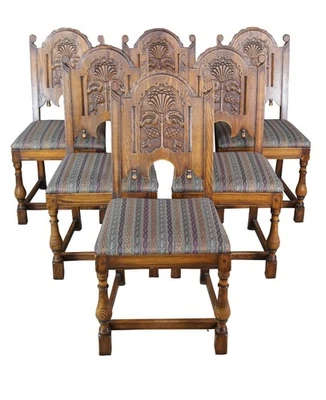 6 件古董詹姆斯敦酒廊 Jacobean 都铎封建橡木餐椅 — 第 1/4 张图片