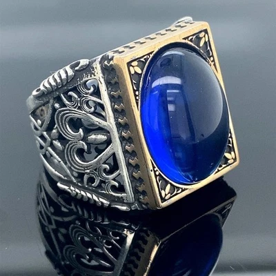 Anillo de piedra azul de zafiro de plata hecho a mano para hombre Foto 1 de 4