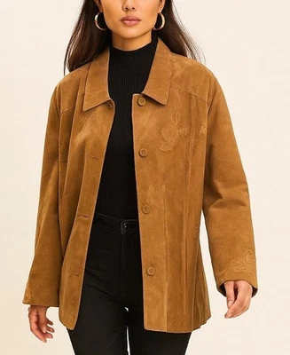 Lane Bryant Mujer’s 3XL Chaqueta de Cuero Gamuza Genuina Marrón Bordado Floral Foto 1 de 4