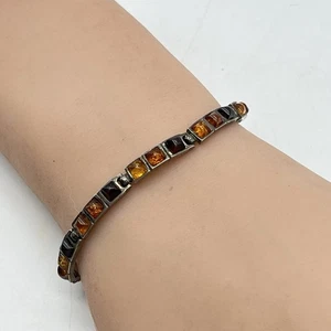 Vintage Sterling & Amber Cabochon Bracelet Tennis Style Fits 7" Wrist - Picture 1 of 6