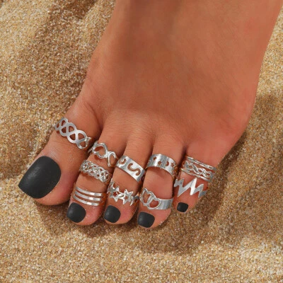 10 Teile/Satz Damen Zehenringe Silber Farbe Gepflanzt Finger Band ▽ - Bild 1 von 4