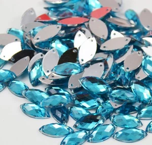 50 blaue facettierte Perlen Strass Edelstein 7 x 15 mm Träne Tropfen flache Rückseite zum Aufnähen UK #1 - Bild 1 von 1