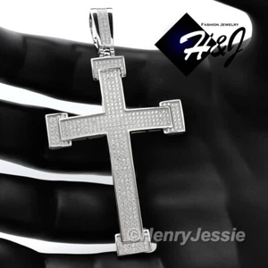 MEN SOLID 925 STERLING SILVER ICY BLING CUBIC ZIRCONIA 3D BIG CROSS PENDANT*SP14 - Picture 1 of 7