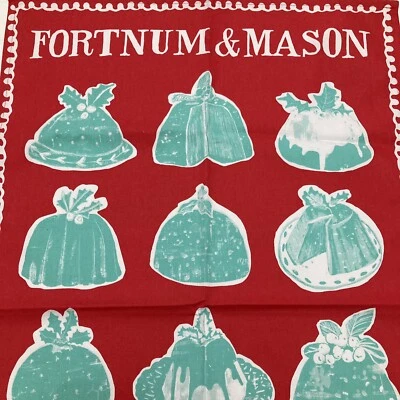 Fortnum Mason Piccadilly Christmas Tea Towel Pudding Holly Red 2022 Cotton New - Image 1 of 4