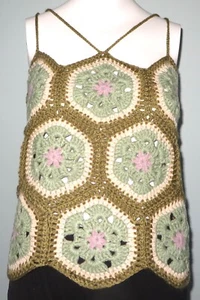 New Handmade Crochet Size M (34 In) Green African Flower Hexagon Blouse Tops - Foto 1 di 3