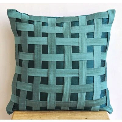 Couch Pillow Case Blue 16"x16" Silk - Peacock Green N Teal Basket Weave - Image 1 of 3