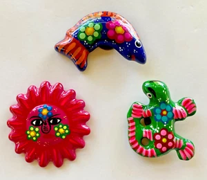3 Mexican Talavera Folk Art Pottery Ceramic Sun Fish Lizard Refrigerator Magnet - Picture 1 of 7