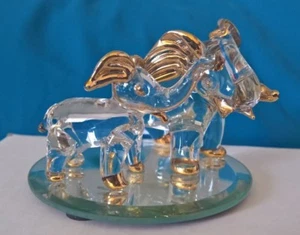 Blown Glass Figurine - Elephant Mother & Baby Clear Glass on Glass Plate - Picture 1 of 3