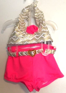 Tankini Swimsuit Size (4/5) Two Pieces Gold White Hot Pink Halter Top Hot Pants - Picture 1 of 12