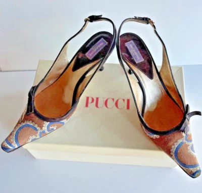 EMILIO PUCCI Firenze ITALY Leather Shoes Tan Blue Silk Slingback 3” Heels 36.5 B - Image 1 of 4