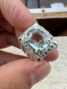 Solid 14k White Gold 4.0 Carats Natural Aquamarine 8x10mm Gemstone Men's Ring - Picture 1 of 8