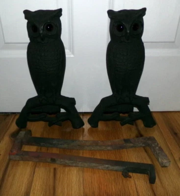Antique Vintage Black Cast Iron Owl Andirons 407E Orange Eyes Rare Fireplace - Image 1 of 4