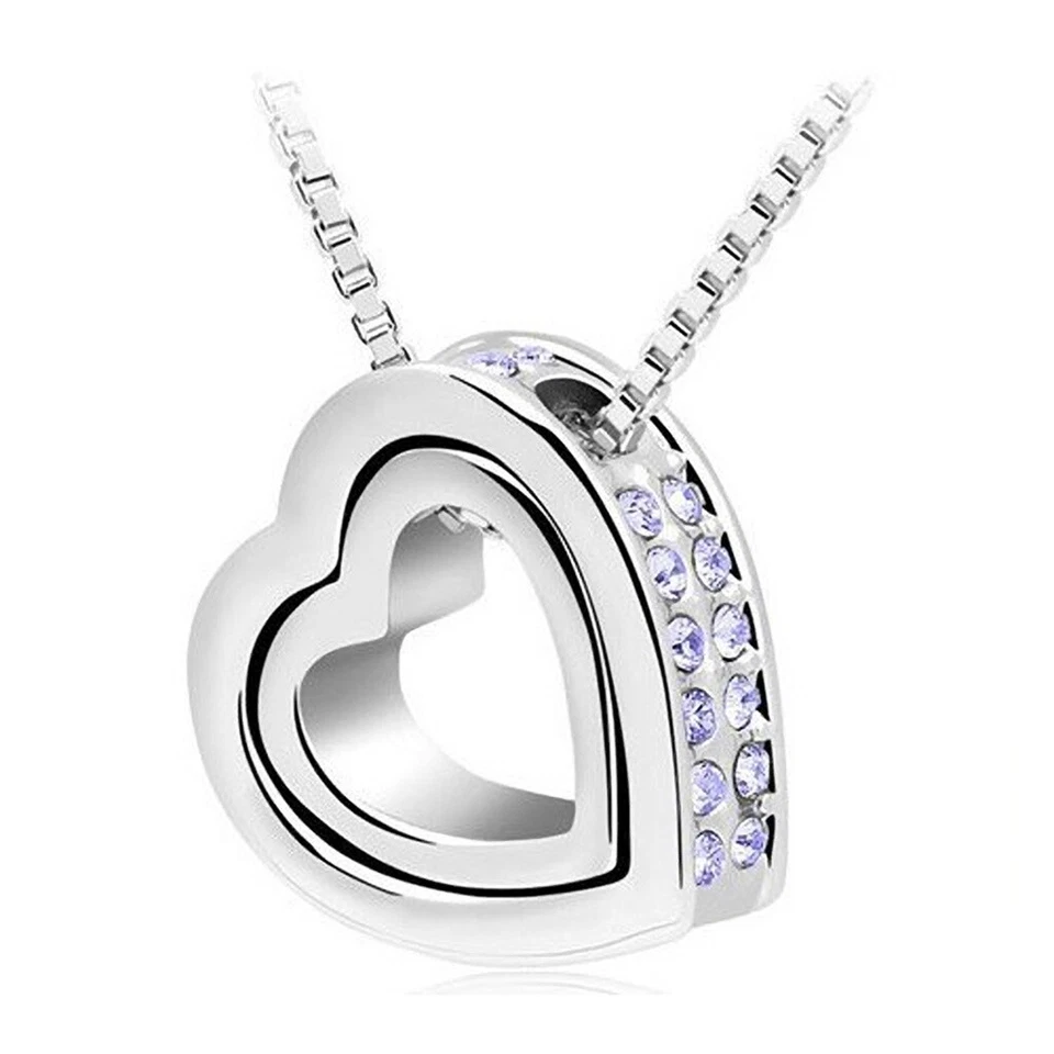Halskette Damen Doppelherz 2 Herzen Zirkonia Strass Kristall Weißgold Plattiert - Bild 1 von 1