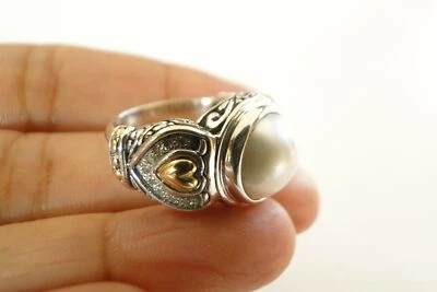 White Mabe Pearl 18K Gold Diamonds 925 Sterling Silver Ring Size 6 7 8 9  - Image 1 of 4
