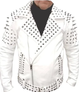 Men's White Genuine Cow Leather Studded BRANDO Black Classic Biker Style Jacket - Picture 1 of 4