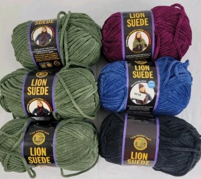 Lion Brand Suede Yarn Lot of 6 Skeins - Green - Blue - Fuchsia - Black - Image 1 of 4