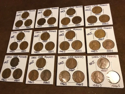 Four (4) Complete Sets of Shell Case Penny Collection in a Coin Flip 1944-46 PDS Cover