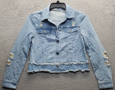 Chaqueta corta de camionero BB Dakota para mujer S azul denim con cuentas dobladillo deshilachado botón delantero Foto 1 de 4