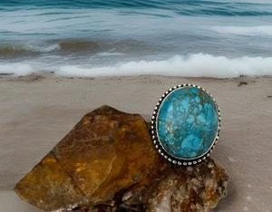 Size 7 Turquoise Handcrafted Gemstone Ring- 925 silver Plated-New - Foto 1 di 4