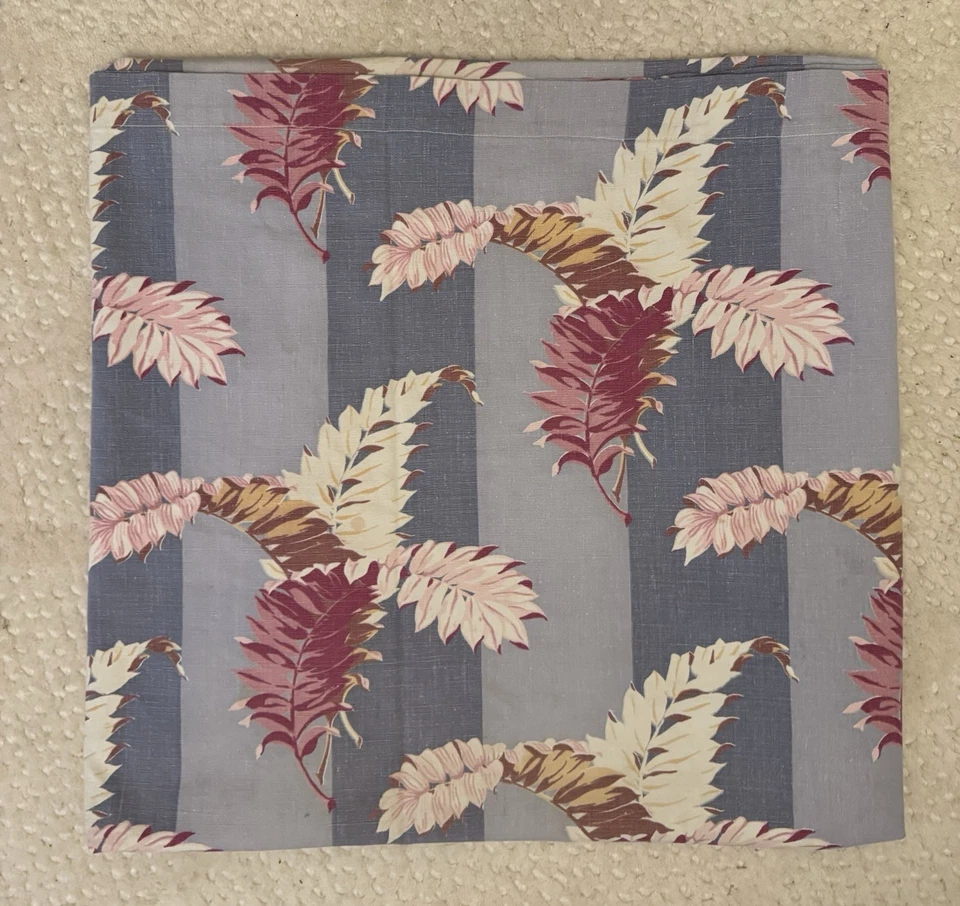 Vtg Mid Century Tropical Barkcloth Fabric Panel 35x84 Blue Pink Leaves Stripe - Image 1 of 4