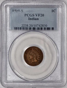 1909-S Indian Cent 1c Penny PCGS VF20 - Old Blue Holder - Picture 1 of 3
