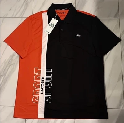 Nueva camiseta polo deportiva Lacoste para hombre colorblock negra naranja blanca Foto 1 de 4