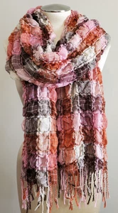 Scarf Wrap Shawl Pink Brown Orange 19x84" Plaid Ruched Fringe Extra Long Gauzy - Picture 1 of 9