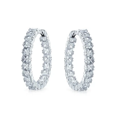 Pendientes de aro cuadrados nupciales de circonita cúbica corte princesa de adentro hacia afuera plata oro rosa 1,25" Foto 1 de 2