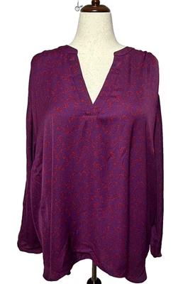 Top Ava & Viv Mujer 4X Púrpura Rojo Floral Dividido Cuello en V Manga Larga Fluido Carrera Foto 1 de 4