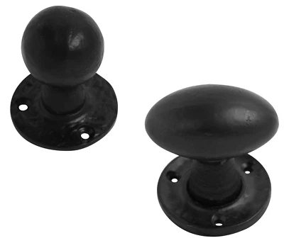 Cast Iron Black Door Knobs Mortice Rim Antique Vintage Round Oval Pair Unsprung - Image 1 of 3