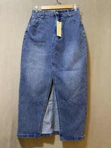 NWT Rachel Zoe Women Zip Front Hi-Rise Stretch Slit Maxi Denim Skirt Size 2 Blue - Picture 1 of 9