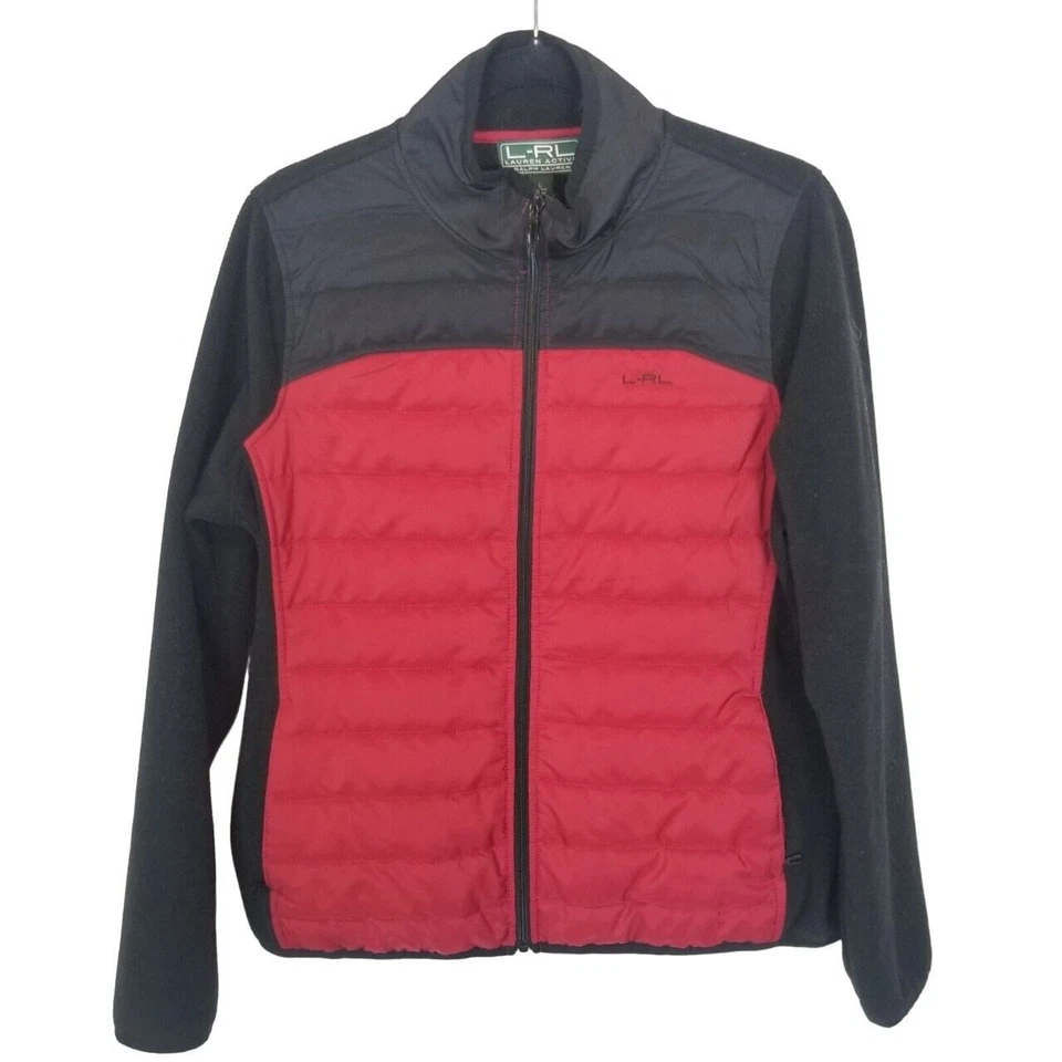 Jaqueta Ralph Lauren ativa com zíper jaqueta acolchoada feminina L vermelha preta lã - Imagem 1 de 4