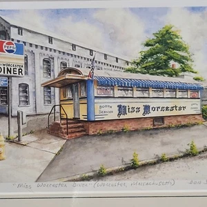 Miss Worcester Diner Massachusetts Matted Sealed Art Print Don Sawyer Signed - Picture 1 of 17