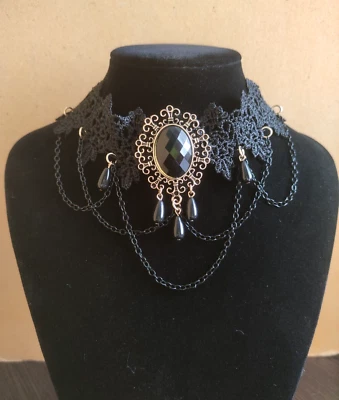Gothic Victorian Black Lace Necklace With Elegant Pendant - Image 1 of 4